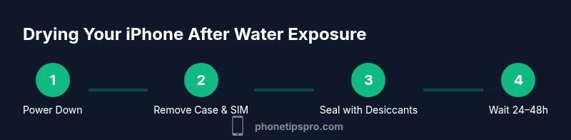 Process infographic showing steps to dry an iPhone after water exposure