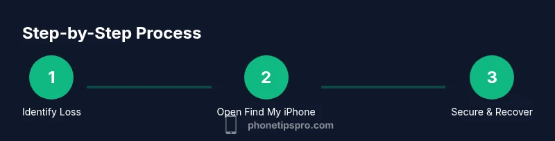 Infographic showing a three-step process to locate a lost iPhone using Find My iPhone