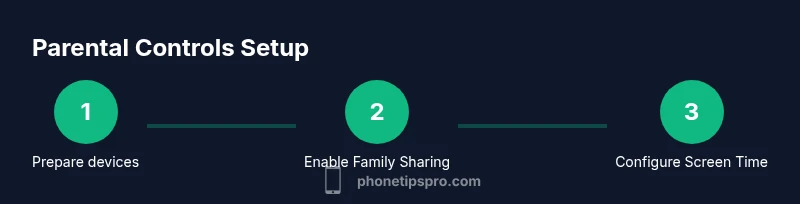 Infographic showing a three-step process to set up iPhone Screen Time and Family Sharing