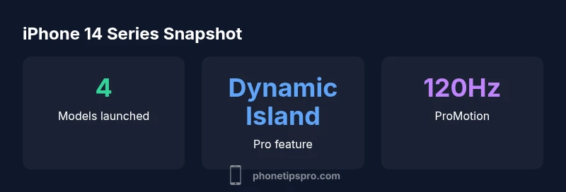 Infographic showing four iPhone 14 models and feature highlights