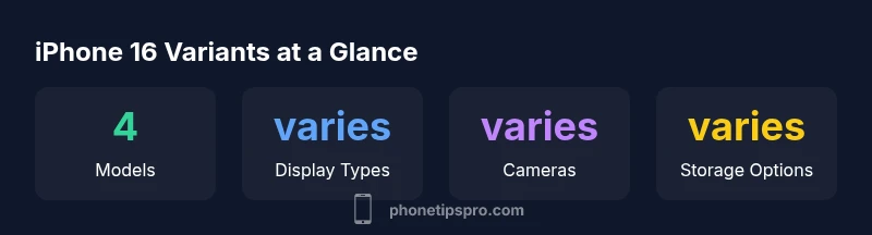 Key statistics for iPhone 16 lineup including model count, display, cameras, and storage options