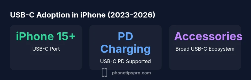 Infographic showing USB-C adoption in iPhone models from 2023 to 2026
