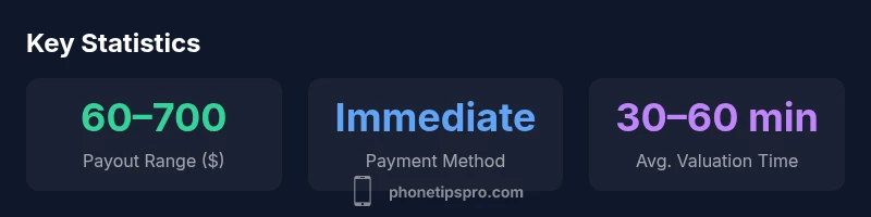 infographic showing iPhone trade-in payout ranges, payment methods, and valuation time