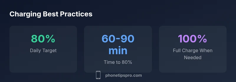 Infographic showing charging targets: 80% daily, 60-90 minutes to 80%, 100% when needed