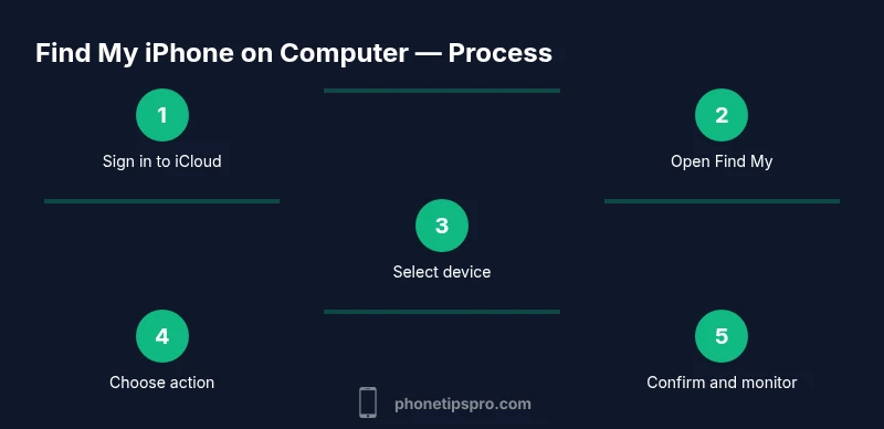 Process diagram showing steps to locate iPhone on a computer