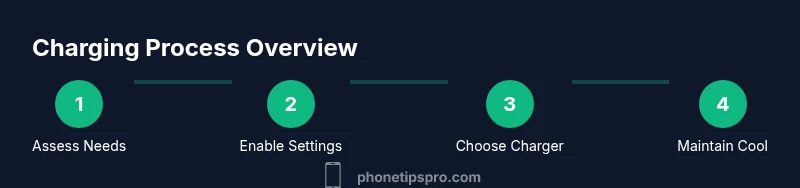 Infographic showing a four-step charging process for iPhone 16 with a dark theme