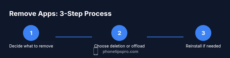 Process diagram showing 3 steps to remove apps from iPhone