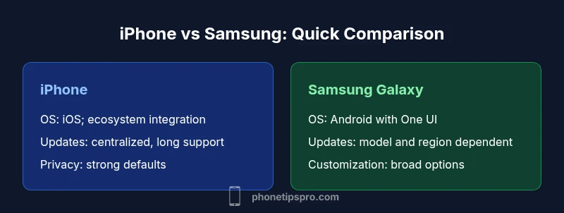 Comparison infographic showing iPhone vs Samsung across OS, updates, privacy, and customization.