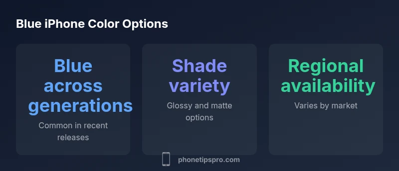 Infographic showing blue iPhone color options across generations, finishes, and regions
