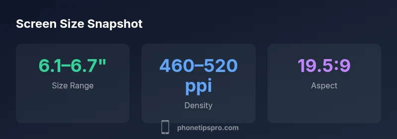 Infographic showing iPhone 16 screen size ranges, pixel density, and aspect ratio