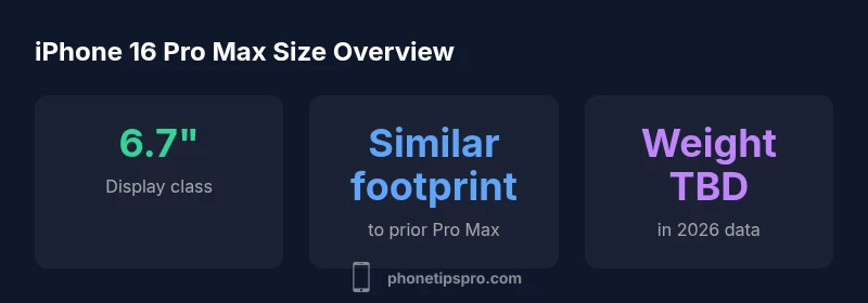 Infographic showing size overview of iPhone 16 Pro Max with a 6.7-inch display and similar footprint to previous Pro Max models.