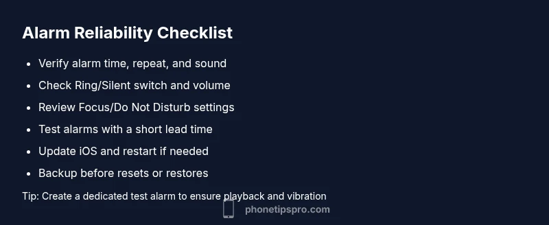 Checklist infographic for fixing iPhone alarm not going off