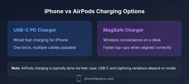 Comparison of USB-C PD wired charging vs MagSafe wireless charging for iPhone and AirPods