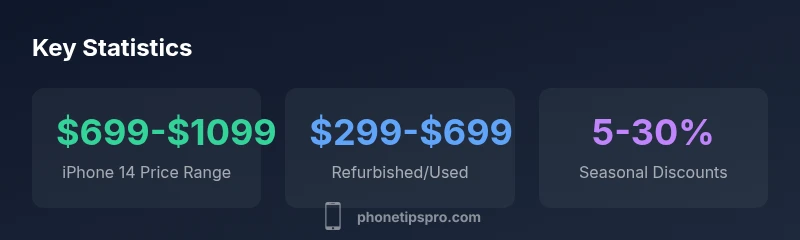 Stats infographic showing price ranges for iPhone 14 and related factors