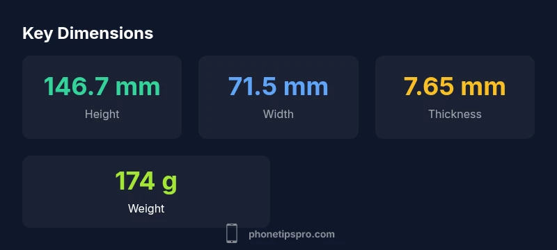 Infographic showing iPhone 13 height, width, and thickness
