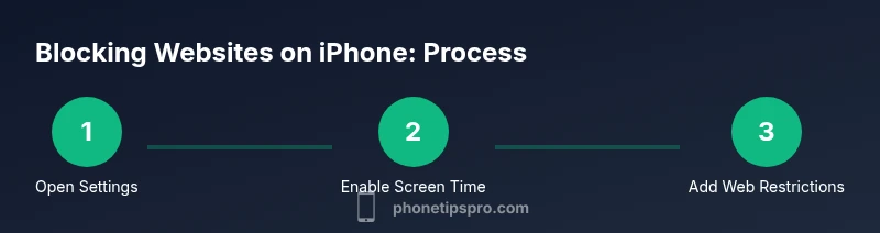 Three-step infographic showing enabling Screen Time and clamping web content