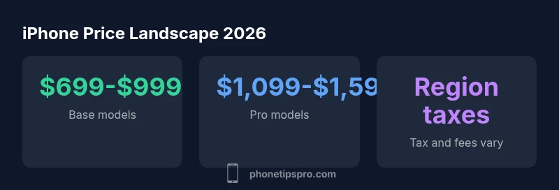 Infographic showing iPhone price ranges for base and Pro models in 2026, with regional variations.