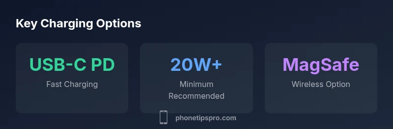 Infographic showing charging options for iPhone 15 with USB-C PD and MagSafe