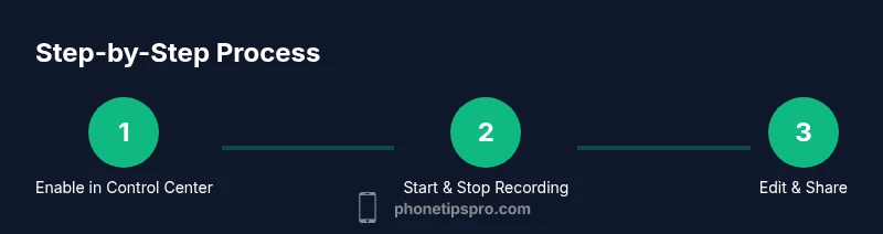 Process diagram showing enabling, recording, editing, and sharing a screen recording on iPhone