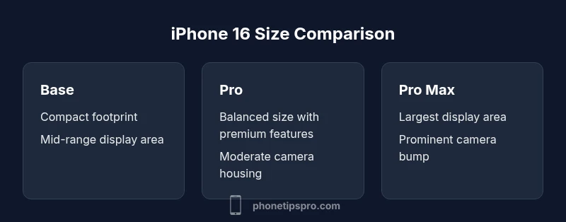Three iPhone 16 models displayed side by side with varied sizes in a showroom.