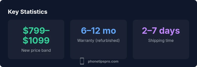 Infographic showing price bands, warranty, and shipping time for iphones for sale