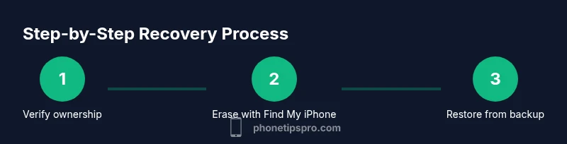 Process diagram: verify ownership, erase via Find My iPhone, restore from backup