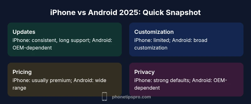 Comparison infographic showing iPhone vs Android 2025 features