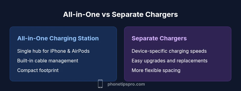 Infographic comparing all-in-one vs separate chargers for iPhone and AirPods