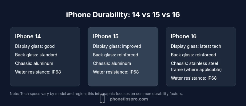 Comparison infographic showing durability factors for iPhone 14, 15, and 16