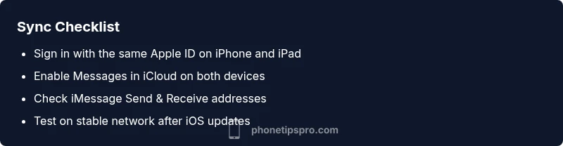 Infographic checklist for fixing message sync on iPhone and iPad